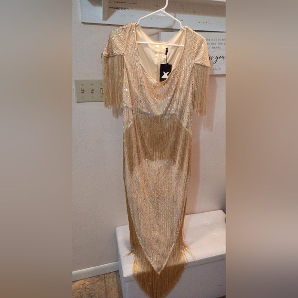 Gold Fringe Sequin Evening Dress - Pluswear - Picture 2 of 9